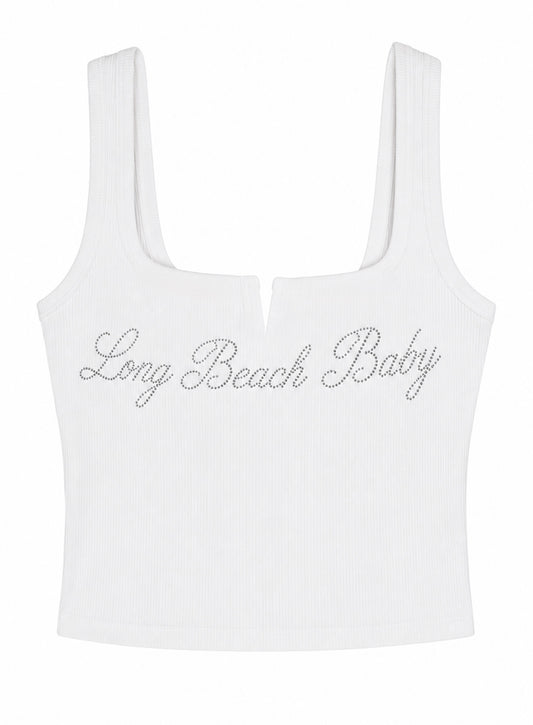 Long Beach Baby Rhinestone Cropped Tank Top